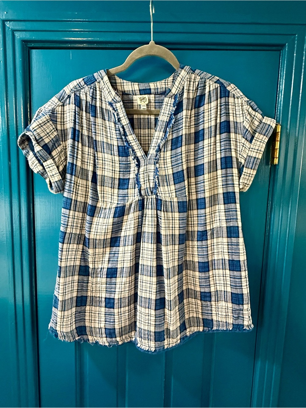 ivy jane Blue & White Plaid Short Sleeve Gauze Top